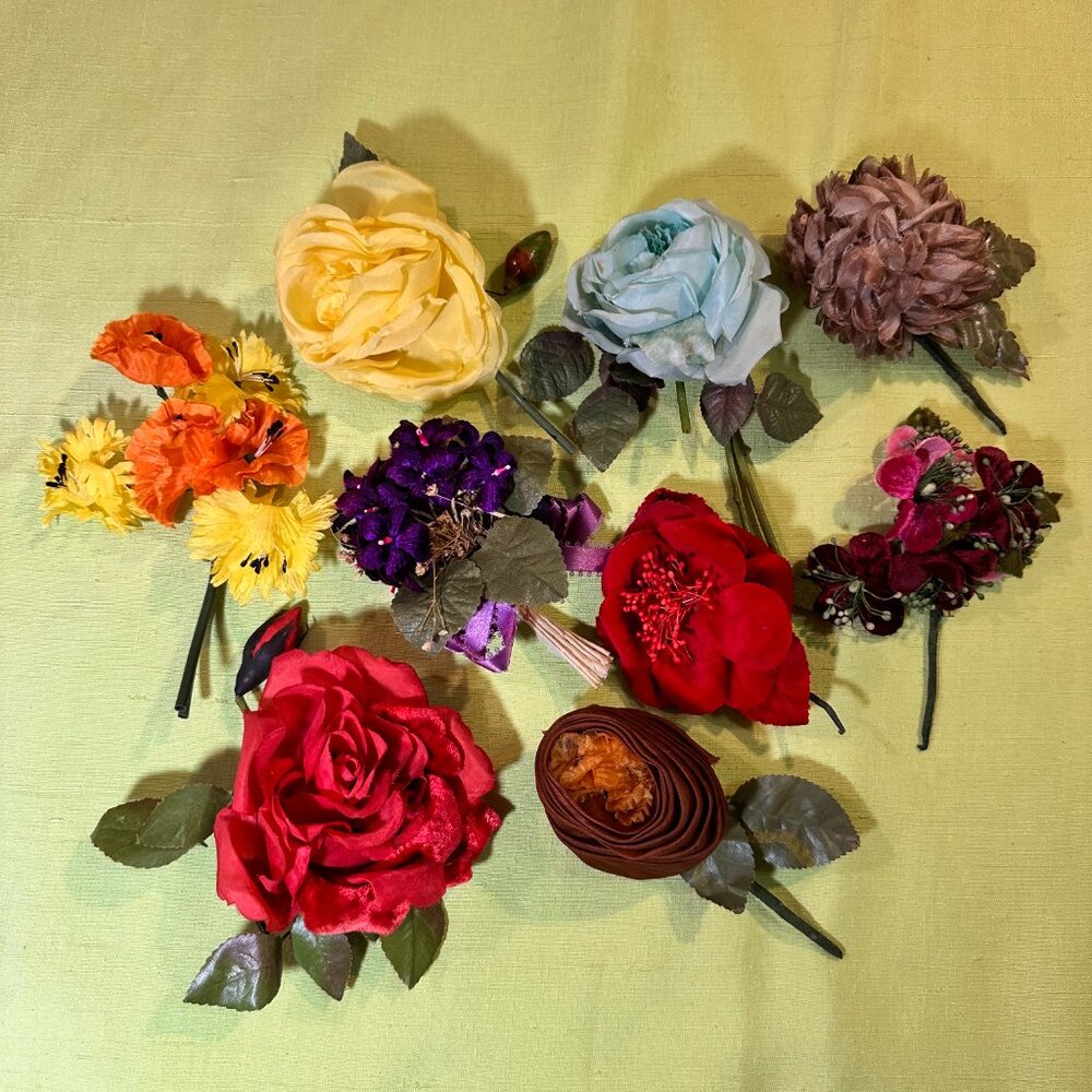 LOT of 9 Vintage Silk Millinery Flower Pins - in Christian Dior Box